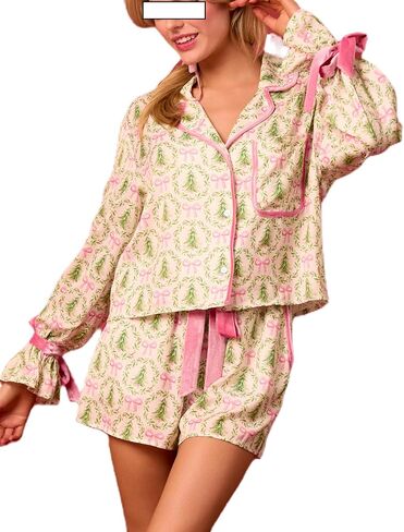 Seyurigaoka Christmas Pajamas Shorts Set for Women Y2k Cute Bow Tie Pjs Button Up Top+Ruffle Shorts 2 Piece Xmas Jammies in Saudi Arabia