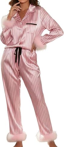Amiblvowa Women Valentines Day Pajama Set 2 Piece Long Sleeve Feather Trim Heart Print Button Up Shirt Pants Pjs Loungewear in Saudi Arabia