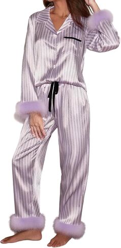 Amiblvowa Women Valentines Day Pajama Set 2 Piece Long Sleeve Feather Trim Heart Print Button Up Shirt Pants Pjs Loungewear in Saudi Arabia
