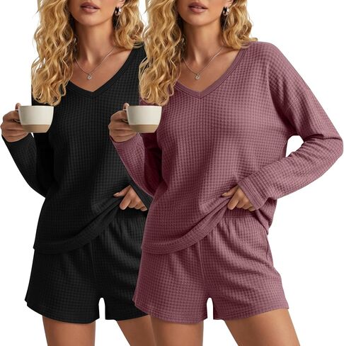 2 Pack Women's Waffle Knit Pajama Sets V Neck Long Sleeve Top and Shorts Lounge Set Loungewear with Pockets in Saudi Arabia