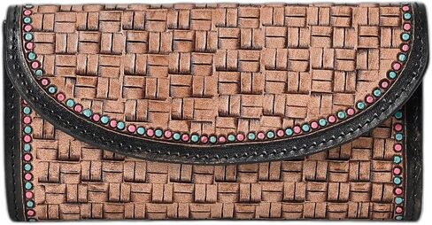 Merbaa Floral Embossed Leather Clutch – Western Style Handmade Wallet for Women – Vintage Tooled Design with Snap Closure – Compact Purse for Cards & Cash (Green & Tan) in Saudi Arabia