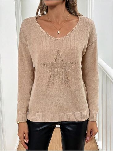 Verdusa Women's Star Graphic Pullover Sweaters Casual V Neck Drop Shoulder Lightweight Knit Tops in Kuwait