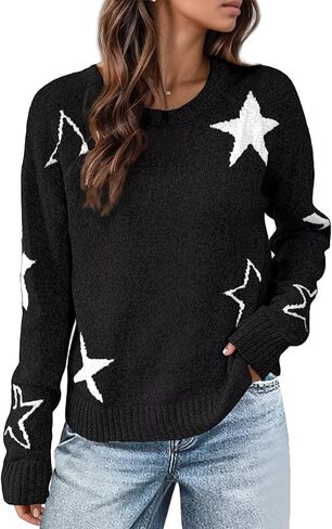 Flamingals Sweaters for Women Crewneck Long Sleeve Pattern Drop Shoulder Casual Kintted Sweater for Women Trendy in Saudi Arabia