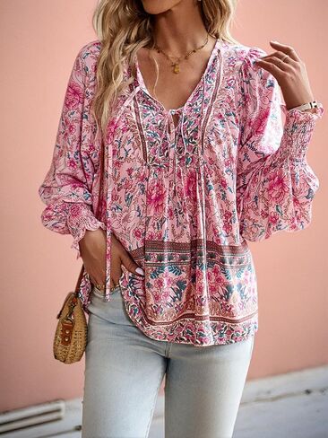 Womens V Neck Tops Long Sleeve Boho Blouse Tie Front Babydoll Top Holiday Style Printed Shirt in Saudi Arabia
