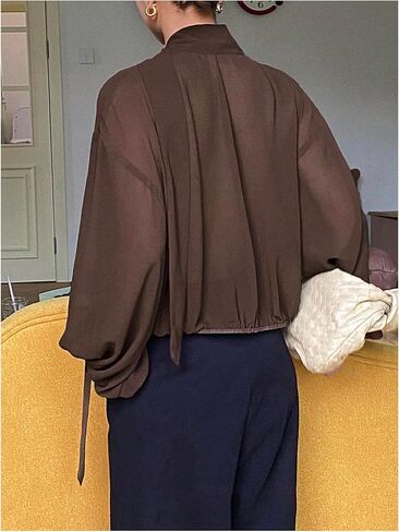 SOLY HUX Women's Wrap V Neck Blouse Lantern Long Sleeve Tie Neck Sheer Elegant Shirts Tops in Saudi Arabia