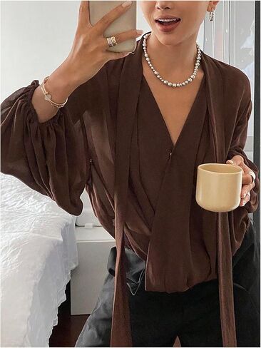 SOLY HUX Women's Wrap V Neck Blouse Lantern Long Sleeve Tie Neck Sheer Elegant Shirts Tops in Saudi Arabia