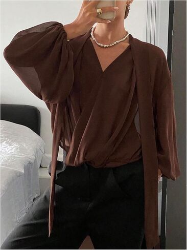 SOLY HUX Women's Wrap V Neck Blouse Lantern Long Sleeve Tie Neck Sheer Elegant Shirts Tops in Saudi Arabia