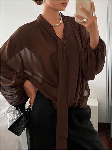 SOLY HUX Women's Wrap V Neck Blouse Lantern Long Sleeve Tie Neck Sheer Elegant Shirts Tops in Saudi Arabia