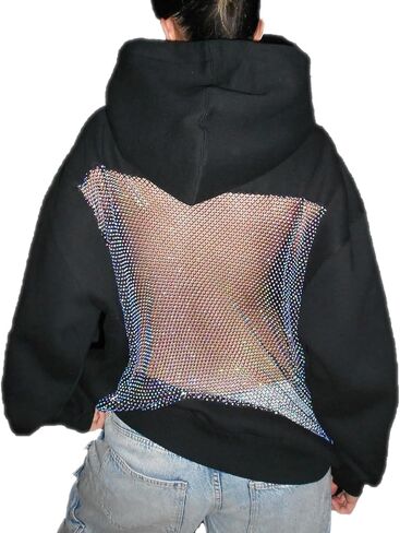 سترة نسائية Y2K بغطاء للرأس شبكي مثير من الخلف بمقاس كبير من الدانتيل الكريستالي، بلوفر شفاف للحفلات مع جيب in Kuwait