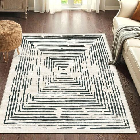BLISSA Washable 5x7 Area Rugs - Soft Modern Throw Rug for Living Room Non-Slip Ultra-Thin Sage Green Lines Borderd Abstract Carpet for Bedroom Dining Room Rugs for Under Table Nursery Home Decor in Saudi Arabia