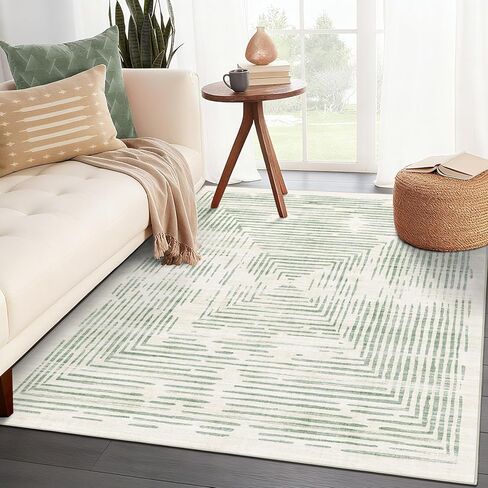 BLISSA Washable 5x7 Area Rugs - Soft Modern Throw Rug for Living Room Non-Slip Ultra-Thin Sage Green Lines Borderd Abstract Carpet for Bedroom Dining Room Rugs for Under Table Nursery Home Decor in Saudi Arabia