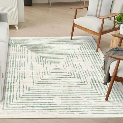 BLISSA Washable 5x7 Area Rugs - Soft Modern Throw Rug for Living Room Non-Slip Ultra-Thin Sage Green Lines Borderd Abstract Carpet for Bedroom Dining Room Rugs for Under Table Nursery Home Decor in Saudi Arabia