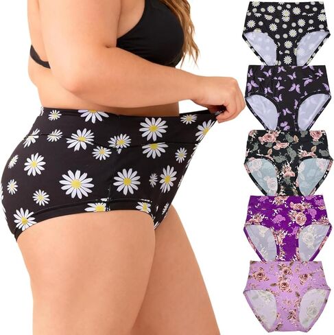Womens Underwear Plus Size XL-5XL Ladies Panties Floral Mid High Waist Briefs Undies for Woman 5-Pack Panty in Saudi Arabia