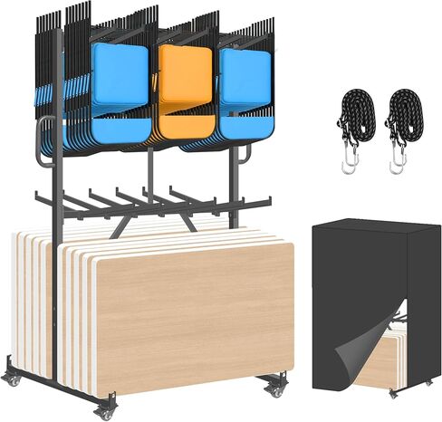 Folding Chair Cart for Storage, 550 LBS Capacity Table Cart Holds 42 Chairs or 12 Tables, Heavy Duty Folding Chair Rack with Swivel Wheels, Dust Cover, 2 Binding Ropes in Kuwait