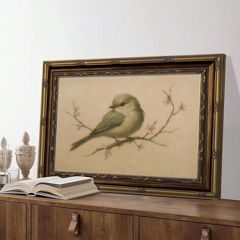 Myzoran Gold Framed Bird Canvas Wall Art,Vintage Birds Wall Decor Aesthetic,Cherry Blossom Beige Printing Artwork,Spring Rustic Minimalist Pictures, for Living Room Nursery Bedroom Decor 9X11in in Saudi Arabia