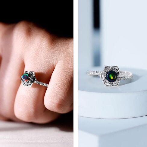 Certified Black Opal Nature Inspired Engagement Ring, Aaa Quality, Natural Opal Diamond Rose Flower Ring - Ready To Gift in Saudi Arabia