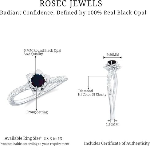 Certified Black Opal Nature Inspired Engagement Ring, Aaa Quality, Natural Opal Diamond Rose Flower Ring - Ready To Gift in Saudi Arabia