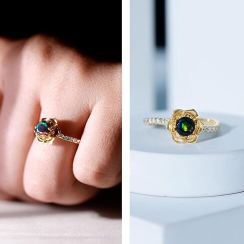 Certified Black Opal Nature Inspired Engagement Ring, Aaa Quality, Natural Opal Diamond Rose Flower Ring - Ready To Gift in Saudi Arabia