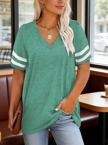 Women's Plus Size Casual V-Neck Short Sleeved Solid Color Loose T-Shirt Sports Outdoor Top Women Clothing in Saudi Arabia