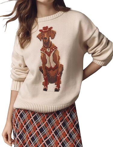 Women Dog Print Sweater Crew Neck Long Sleeve Knit Top Pullover Jumper Fall Winter 2025 Cloth Outfits in Kuwait