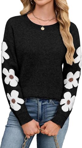 Womens Oversized Cute Flower Sweater Winter 2025 Trendy Dressy Casual Floral Crew Neck Long Sleeve Pullover Tops in Kuwait