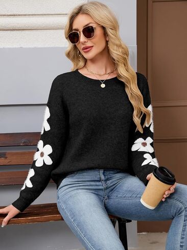 Womens Oversized Cute Flower Sweater Winter 2025 Trendy Dressy Casual Floral Crew Neck Long Sleeve Pullover Tops in Kuwait