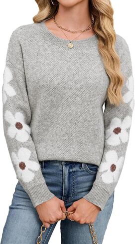 Womens Oversized Cute Flower Sweater Winter 2025 Trendy Dressy Casual Floral Crew Neck Long Sleeve Pullover Tops in Kuwait