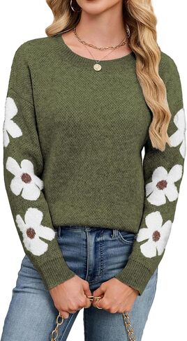 Womens Oversized Cute Flower Sweater Winter 2025 Trendy Dressy Casual Floral Crew Neck Long Sleeve Pullover Tops in Kuwait