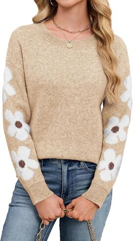 Womens Oversized Cute Flower Sweater Winter 2025 Trendy Dressy Casual Floral Crew Neck Long Sleeve Pullover Tops in Kuwait