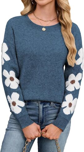 Womens Oversized Cute Flower Sweater Winter 2025 Trendy Dressy Casual Floral Crew Neck Long Sleeve Pullover Tops in Kuwait