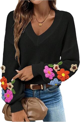 Women's Floral Sweater Fall Lightweight Cozy Sweaters V Neck Long Sleeve Knit Jumpers Tops in Saudi Arabia