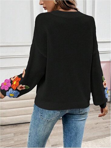 Women's Floral Sweater Fall Lightweight Cozy Sweaters V Neck Long Sleeve Knit Jumpers Tops in Kuwait
