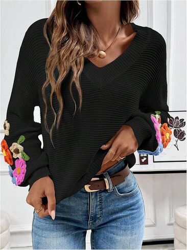 Women's Floral Sweater Fall Lightweight Cozy Sweaters V Neck Long Sleeve Knit Jumpers Tops in Kuwait