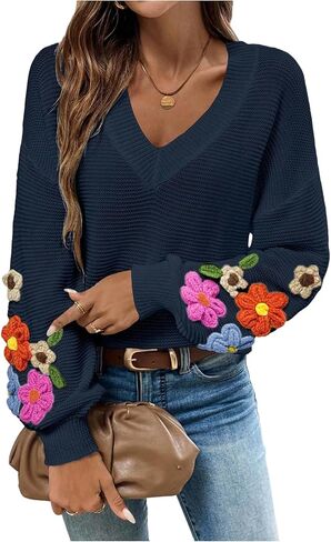 Women's Floral Sweater Fall Lightweight Cozy Sweaters V Neck Long Sleeve Knit Jumpers Tops in Kuwait