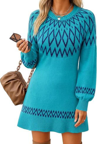 Youtalia Womens Knit Sweater Dress Fair Isle Lantern Sleeve Casual Crewneck Ribbed Pullover Sweaters Fall Winter Mini Dresses in Kuwait