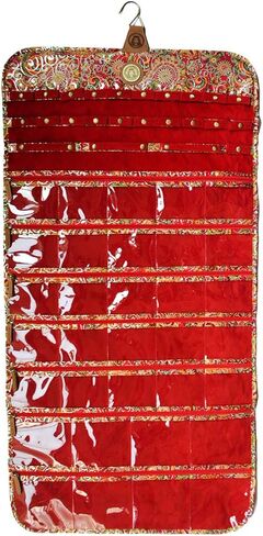 Angelina's Palace Tenby Jewelry Double Side Hanger Organizer Hook Closet Jewelry Storage Roll 24 Earring Ring Bars 28 Bracelet Pouches Watches Pocket 40 Necklaces Loops(Fuchsia Paisley) in Kuwait