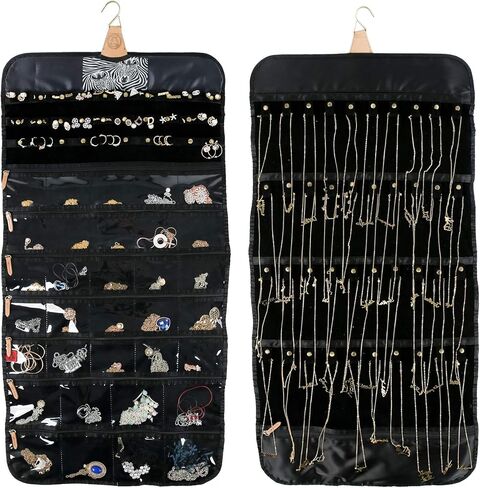 Angelina's Palace Tenby Jewelry Double Side Hanger Organizer Hook Closet Jewelry Storage Roll 24 Earring Ring Bars 28 Bracelet Pouches Watches Pocket 40 Necklaces Loops(Fuchsia Paisley) in Kuwait