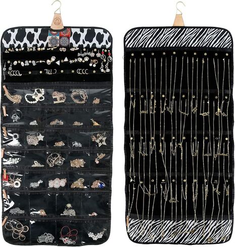 Angelina's Palace Tenby Jewelry Double Side Hanger Organizer Hook Closet Jewelry Storage Roll 24 Earring Ring Bars 28 Bracelet Pouches Watches Pocket 40 Necklaces Loops(Fuchsia Paisley) in Kuwait