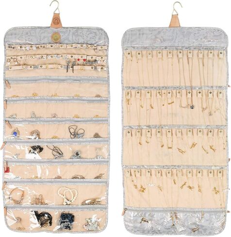 Angelina's Palace Tenby Jewelry Double Side Hanger Organizer Hook Closet Jewelry Storage Roll 24 Earring Ring Bars 28 Bracelet Pouches Watches Pocket 40 Necklaces Loops(Fuchsia Paisley) in Kuwait