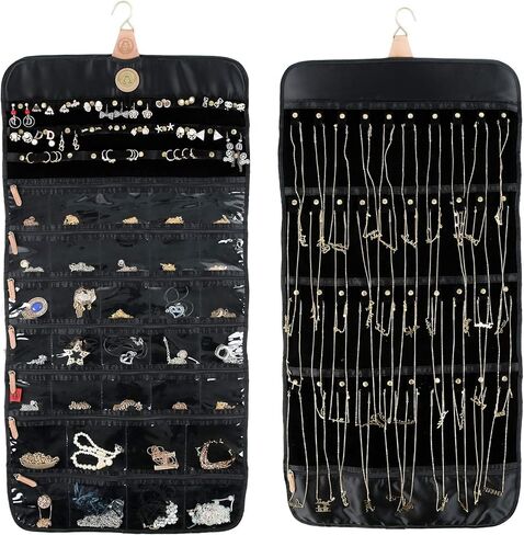 Angelina's Palace Tenby Jewelry Double Side Hanger Organizer Hook Closet Jewelry Storage Roll 24 Earring Ring Bars 28 Bracelet Pouches Watches Pocket 40 Necklaces Loops(Fuchsia Paisley) in Kuwait