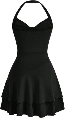Girl's Ruched Halter Flared Dress Backless Cute Sleeveless A Line Short Dresses Black for 13-16Y in Kuwait
