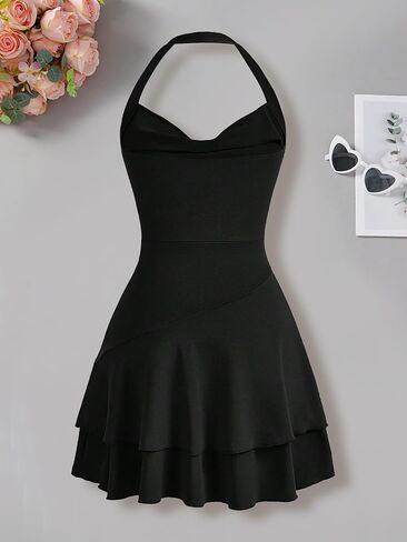 Girl's Ruched Halter Flared Dress Backless Cute Sleeveless A Line Short Dresses Black for 13-16Y in Kuwait