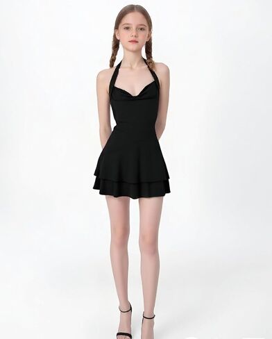Girl's Ruched Halter Flared Dress Backless Cute Sleeveless A Line Short Dresses Black for 13-16Y in Kuwait