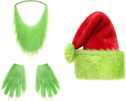 Christmas Green Beard Santa Hat with Furry Gloves for Adult, Unisex Christmas Costume Accessory Set in Kuwait