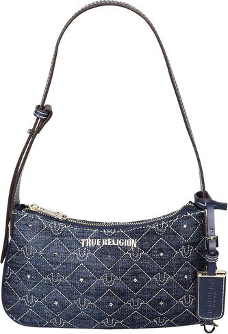True Religion Shoulder Bag, Studded Denim Purse with Quilted Horseshoe Pattern, Adjustable Strap and Gold Hardware, Dark Denim in Saudi Arabia