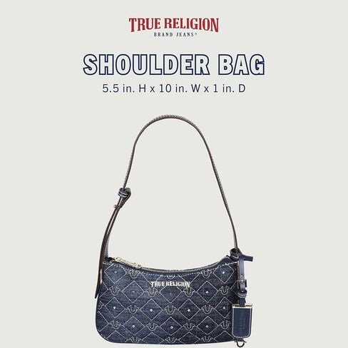 True Religion Shoulder Bag, Studded Denim Purse with Quilted Horseshoe Pattern, Adjustable Strap and Gold Hardware, Dark Denim in Saudi Arabia