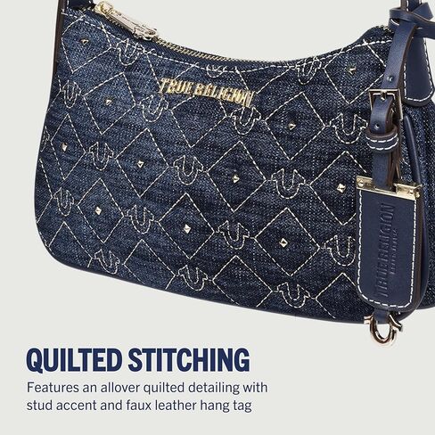 True Religion Shoulder Bag, Studded Denim Purse with Quilted Horseshoe Pattern, Adjustable Strap and Gold Hardware, Dark Denim in Saudi Arabia