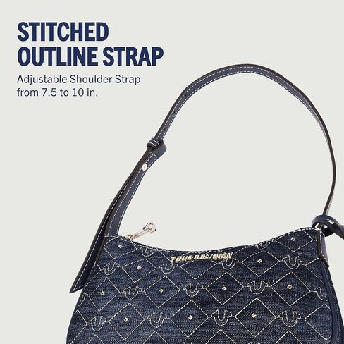 True Religion Shoulder Bag, Studded Denim Purse with Quilted Horseshoe Pattern, Adjustable Strap and Gold Hardware, Dark Denim in Saudi Arabia