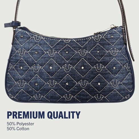 True Religion Shoulder Bag, Studded Denim Purse with Quilted Horseshoe Pattern, Adjustable Strap and Gold Hardware, Dark Denim in Saudi Arabia