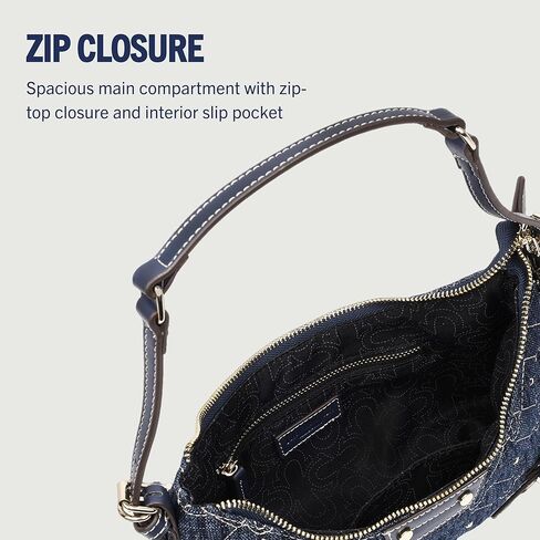 True Religion Shoulder Bag, Studded Denim Purse with Quilted Horseshoe Pattern, Adjustable Strap and Gold Hardware, Dark Denim in Saudi Arabia
